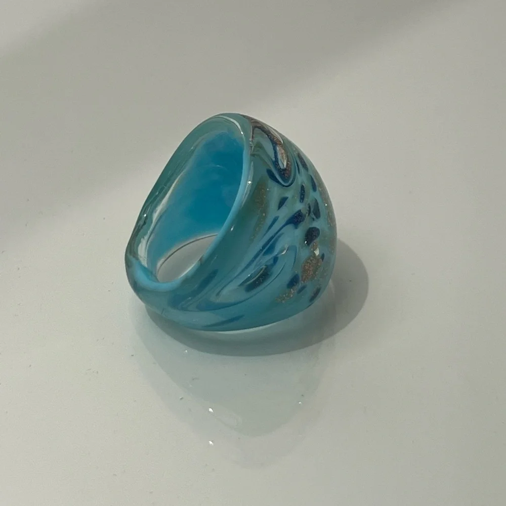 Vintage Murano Glass Blue Gold Swirl Statement Ring
